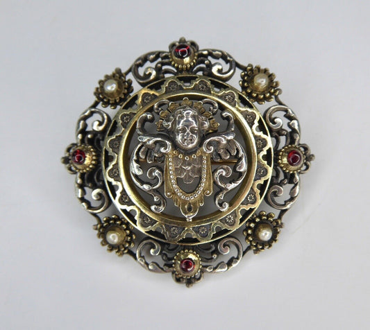 Victorian Renaissance Revival Parcel Gilt Silver Garnet & Cultured Pearl Brooch