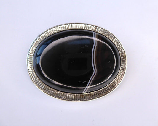 Victorian Large Silver & Banded Agate Brooch